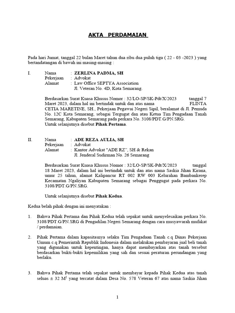 Akta Perdamaian Kasus Tanah Semarang | PDF