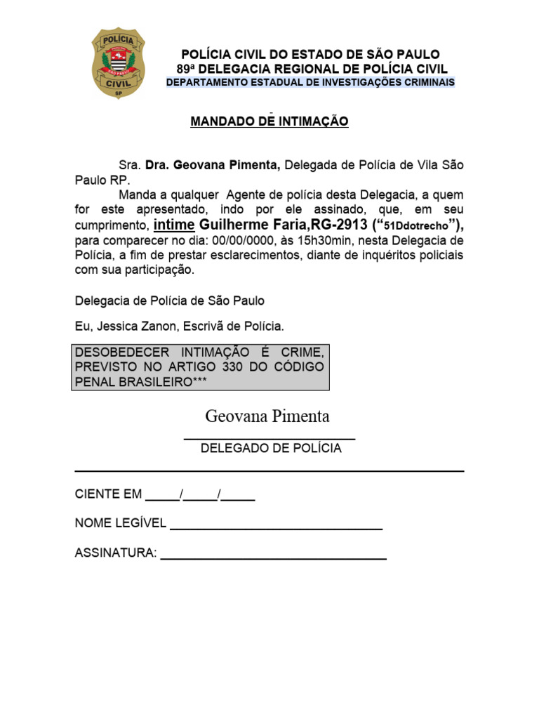 Mandado de Intimação - Polícia Civil SP | PDF
