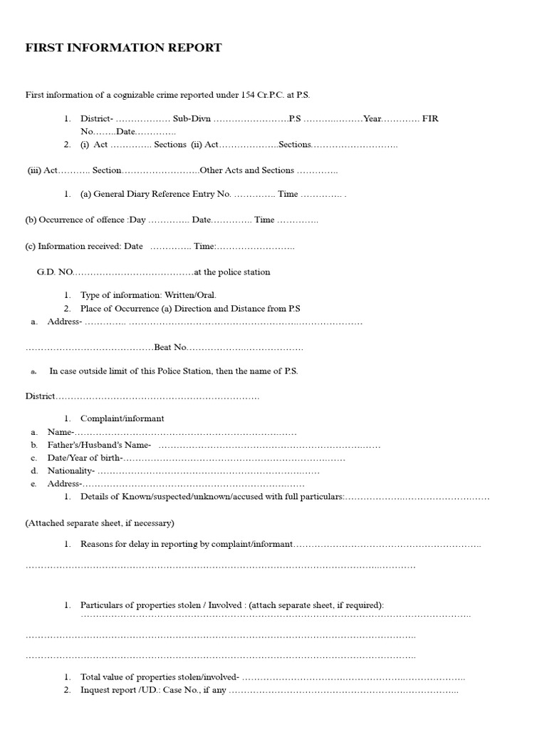First Information Report (FIR) Template | PDF | Bail | Justice