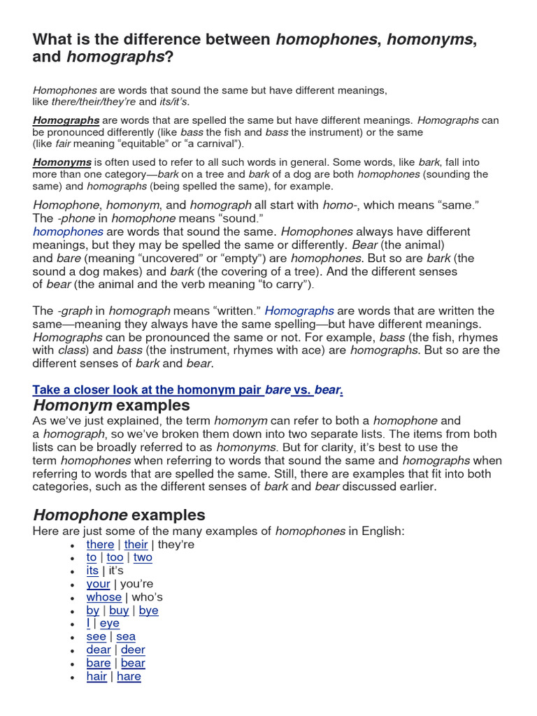Homophones, Homographs, and Homonyms Explained | PDF | Grammar ...
