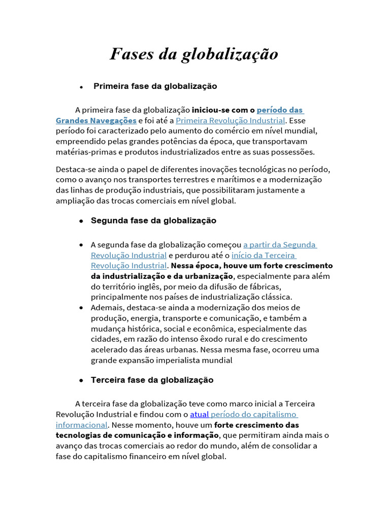 Fases da globalização | PDF | Globalização | Revolução Industrial