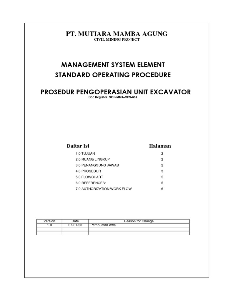 SOP-MMA-OPS-001 (Pengoperasian Excavator) | PDF