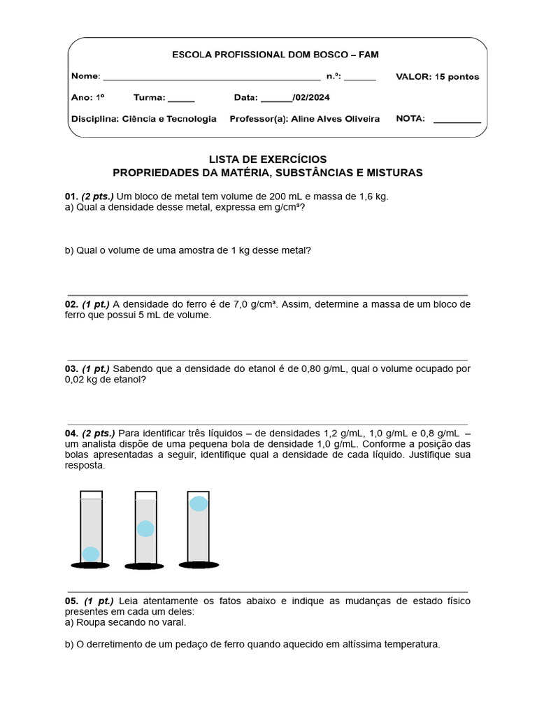 Exercícios sobre Propriedades da Matéria | PDF | Mistura | Substancias ...