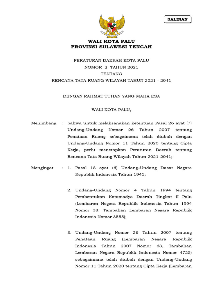 PERDA RTRW Kota Palu No 2 Tahun 2021 | PDF
