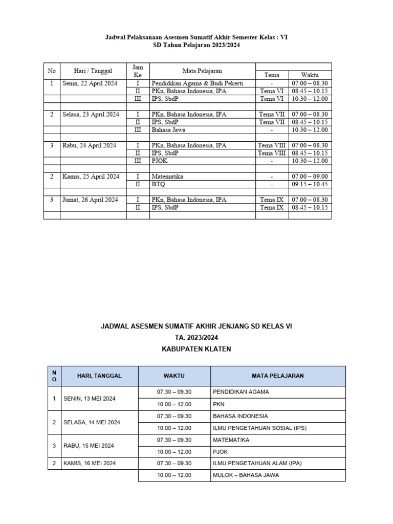 Jadwal Asas & Asaj Kelas 6 2023 - 2024 | PDF