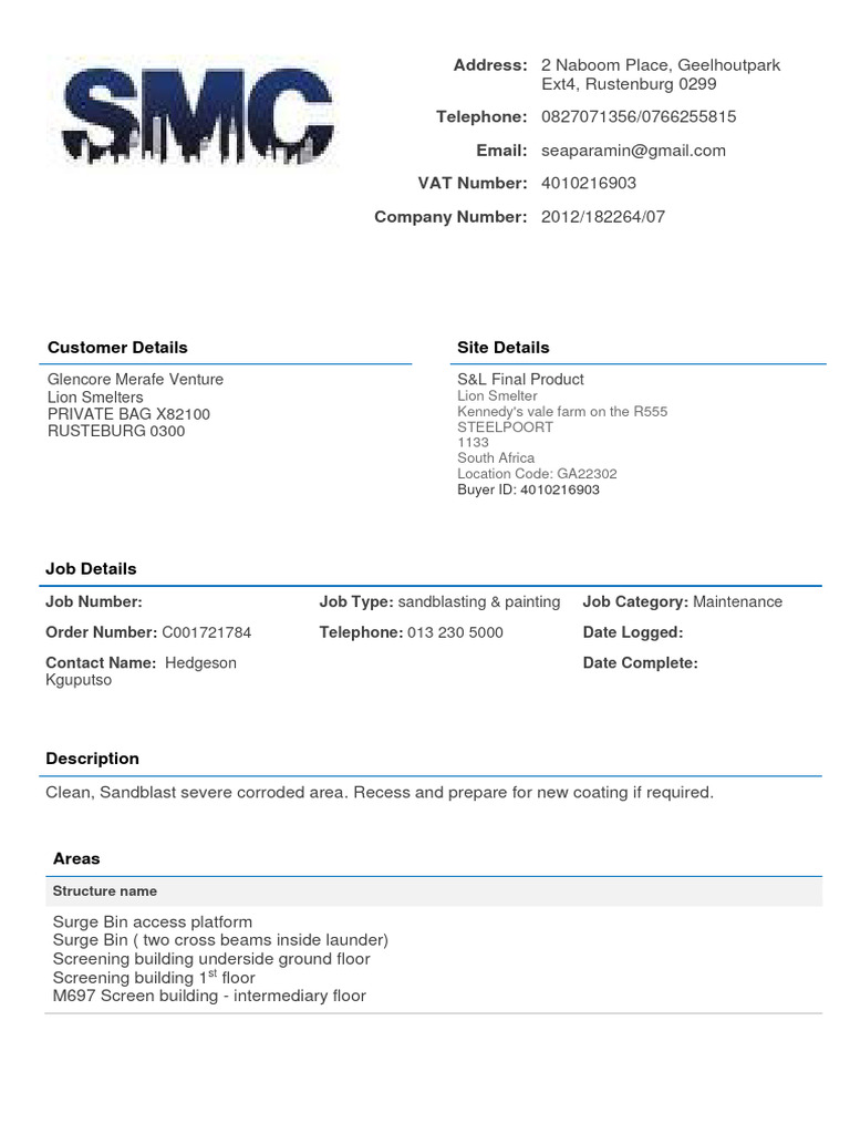 Job Sheet Template for Lion Smelters | PDF