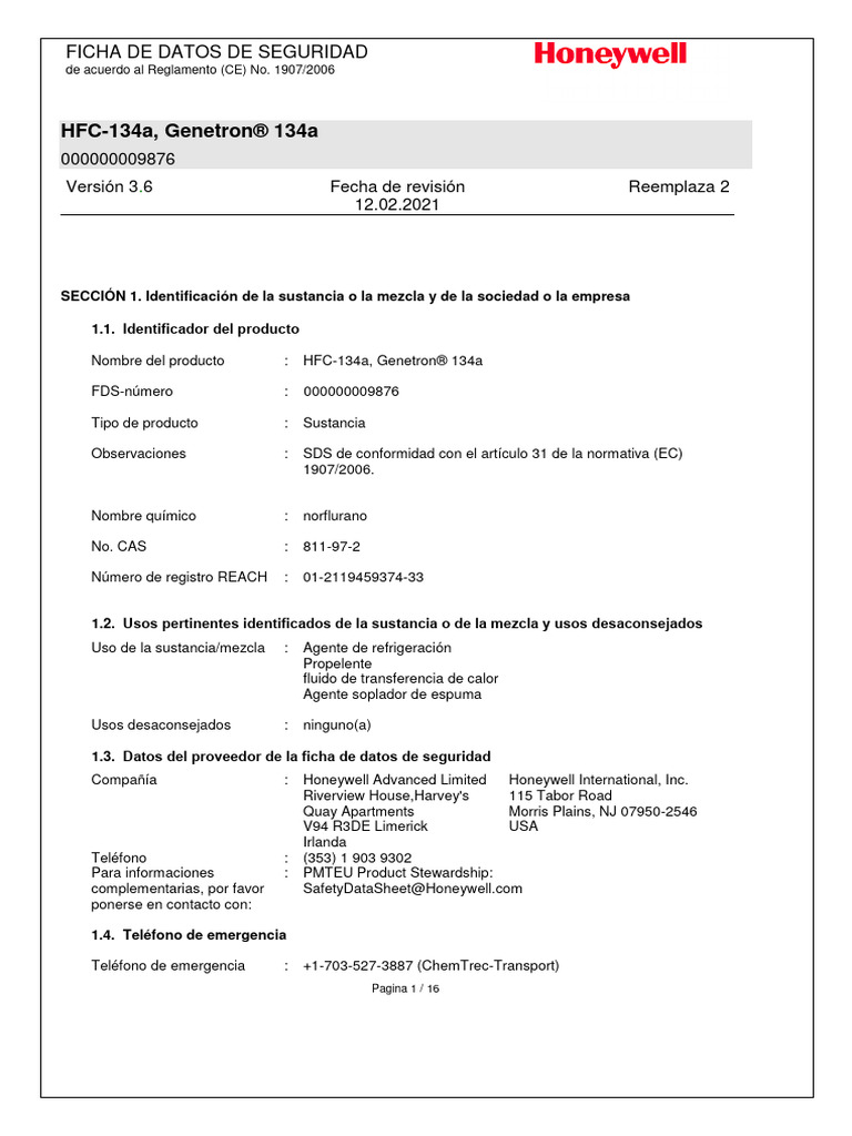 Gas Refrigerante R134a | PDF | Agua | Oxígeno
