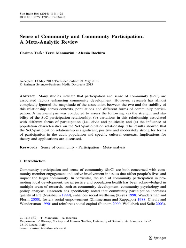 Sense of Community and Community Participation: A Meta-Analytic Review ...