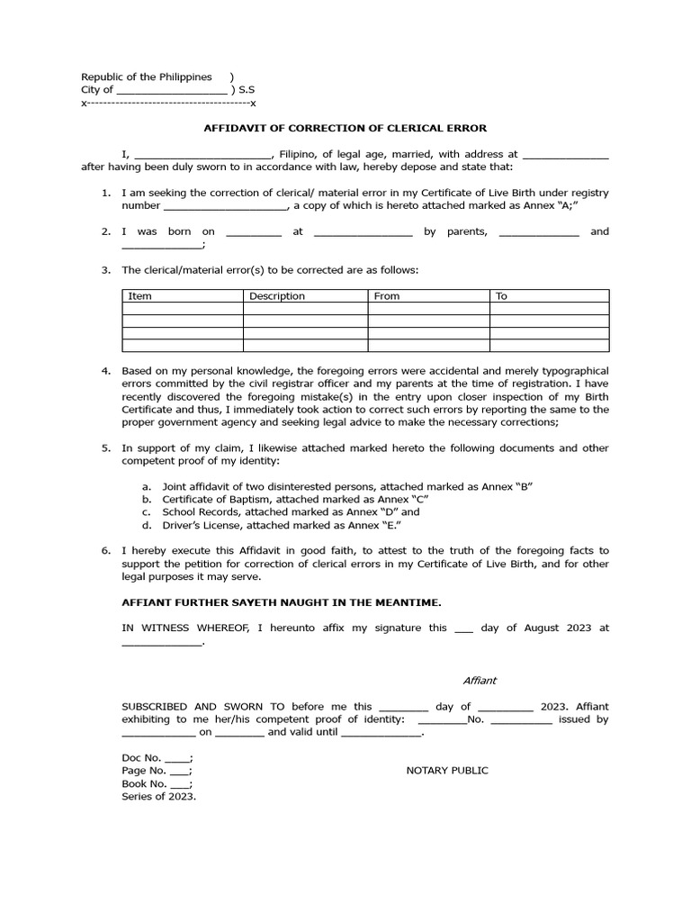 Affidavit for Birth Certificate Correction | PDF | Affidavit | Birth ...