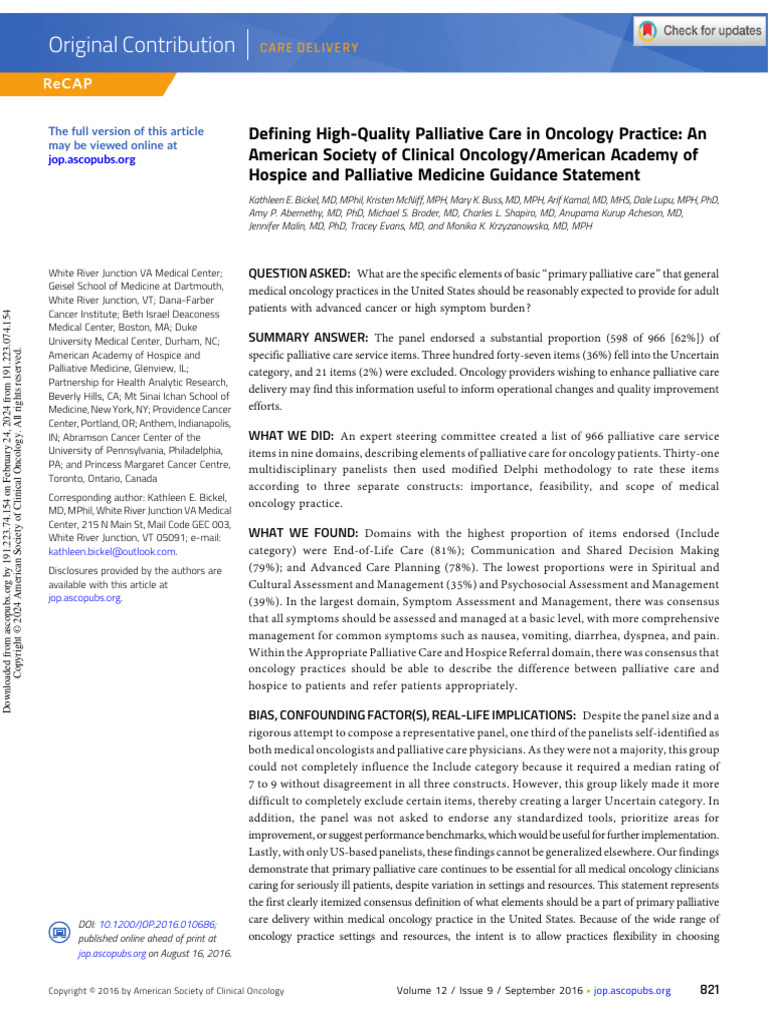 Bickel Et Al 2016 Defining High Quality Palliative Care in Oncology ...
