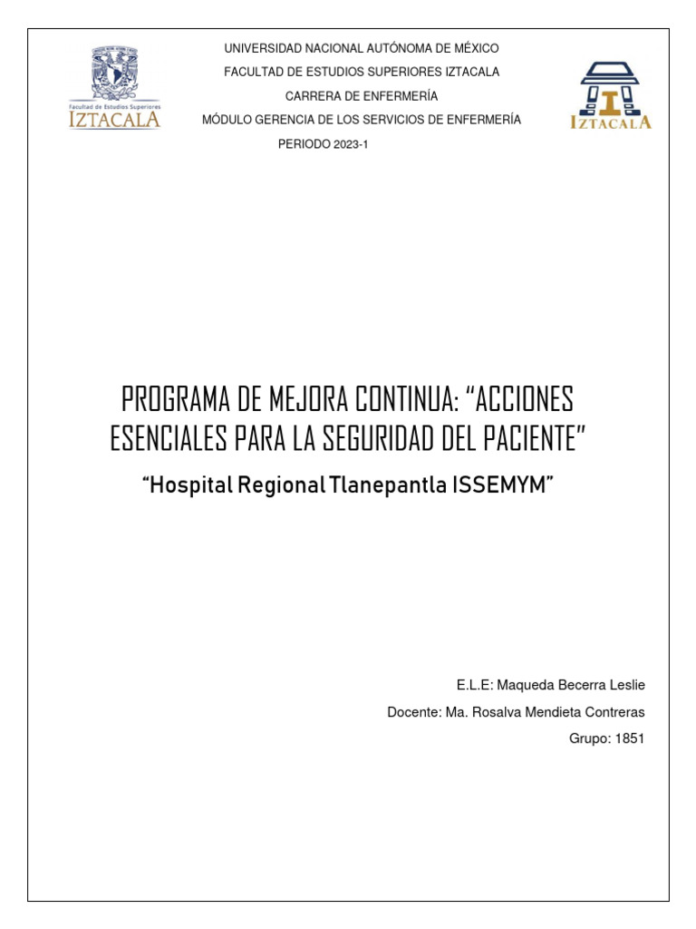 Plan de Mejora Continua en Salud | PDF | Seguridad del paciente | Hospital
