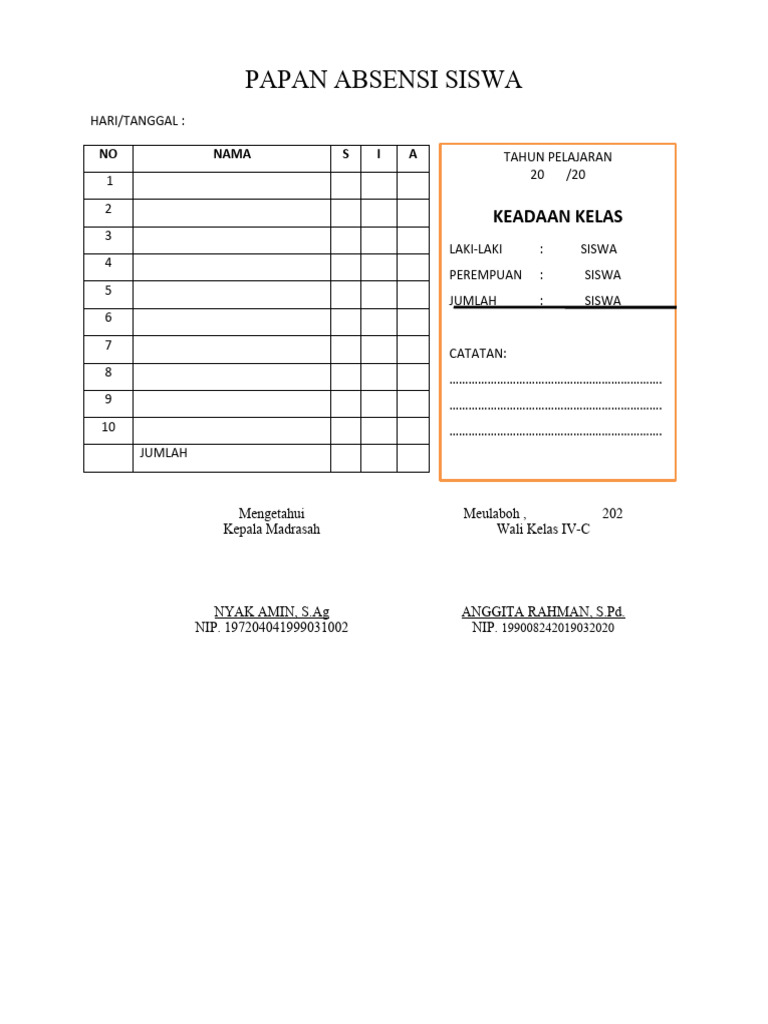 Papan Absensi Siswa | PDF