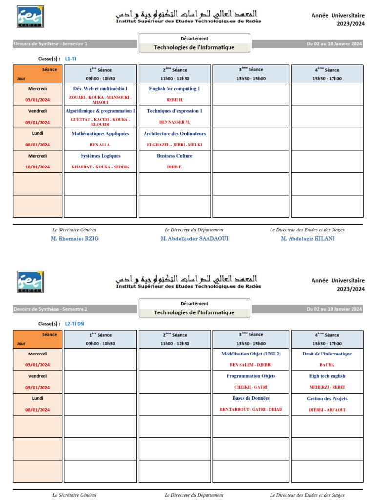 Emploi du temps L1 à L3 TI 2023/2024 | PDF | Télécommunications ...