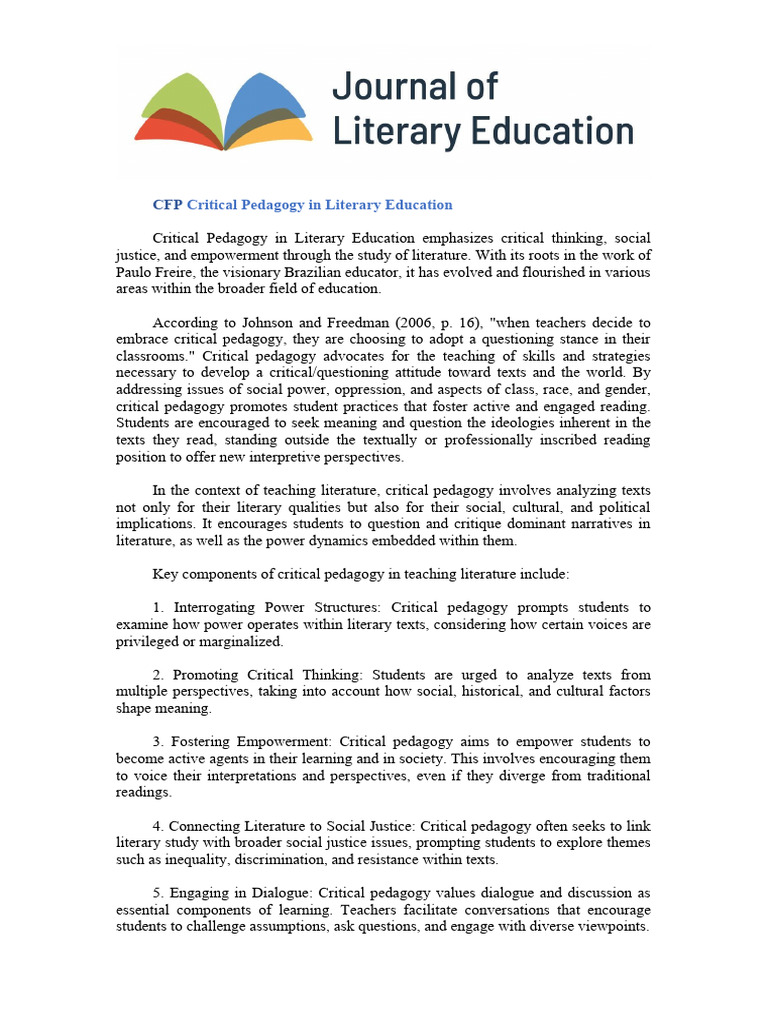 CFPCritical Pedagogyin Literary Education | PDF | Pedagogy | Liberal ...