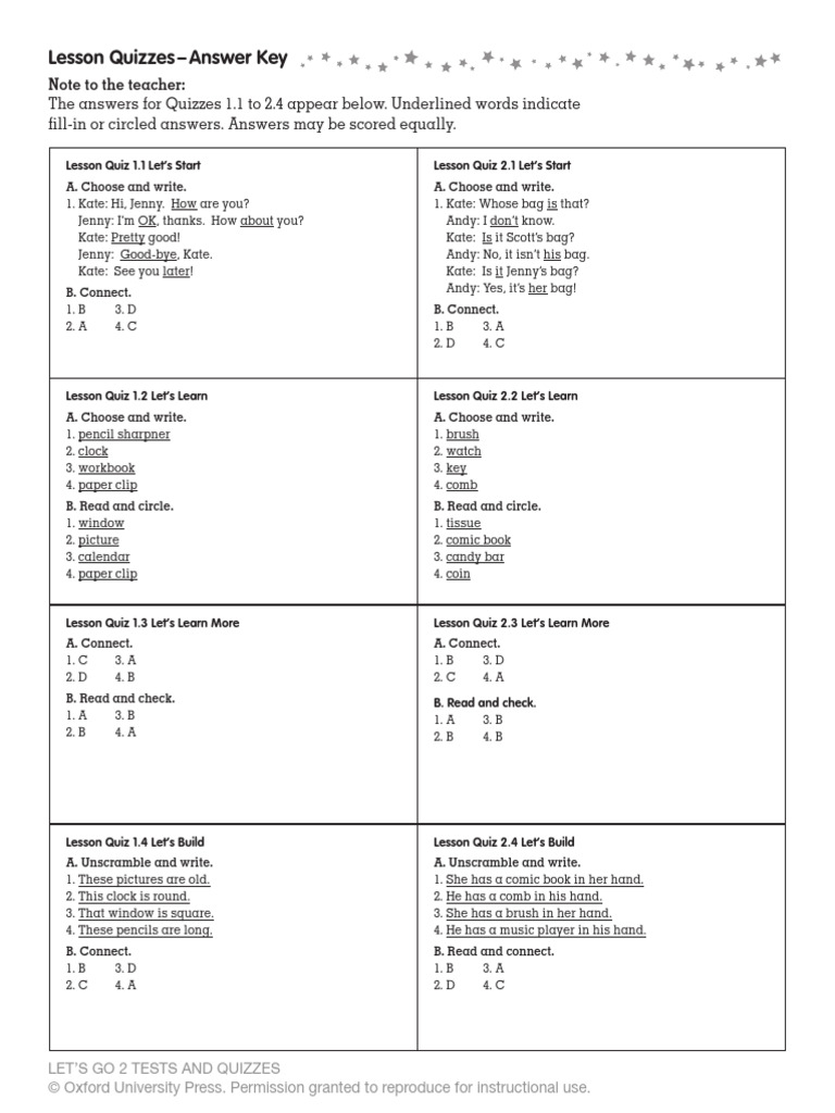 Quiz Answers for Let’s Go 2 | PDF | Quiz