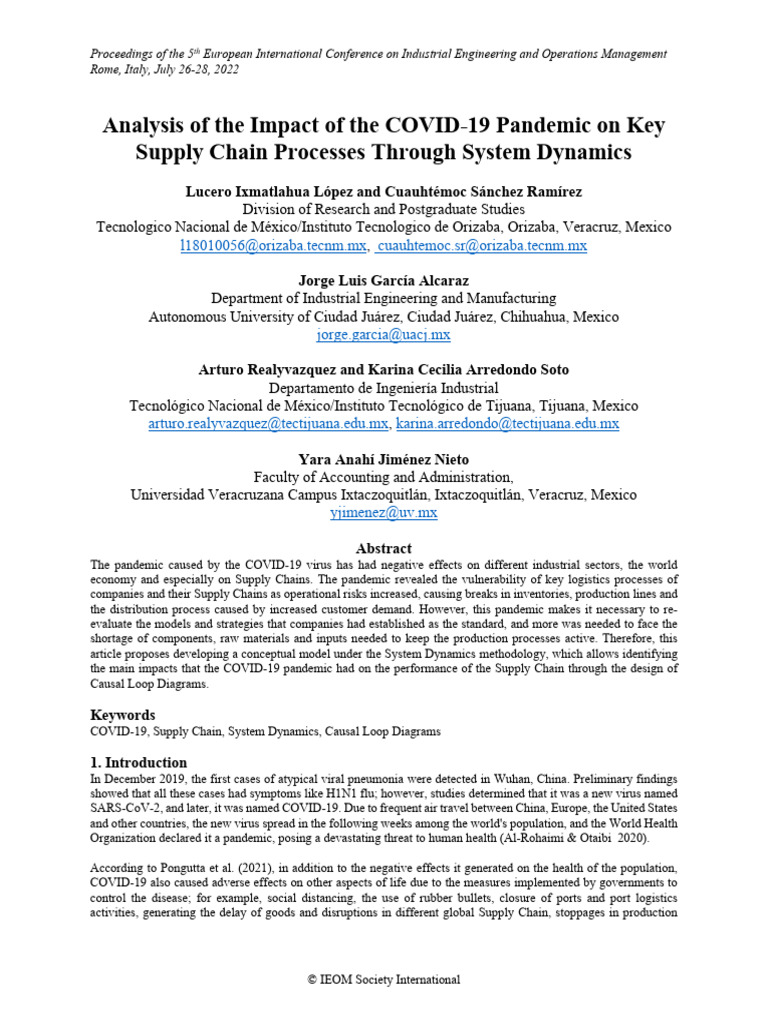 Analysis of The Impact of The COVID-19 Pandemic On Key Supply Chain ...