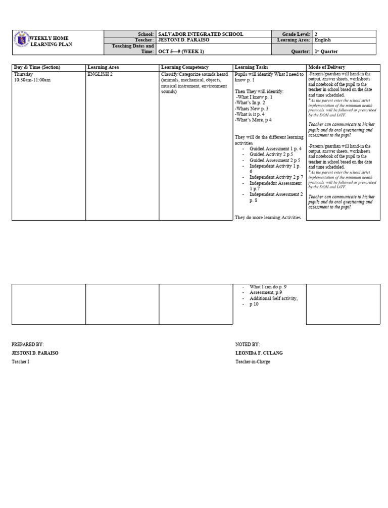 Weekly English Learning Plan for Grade 2 | PDF