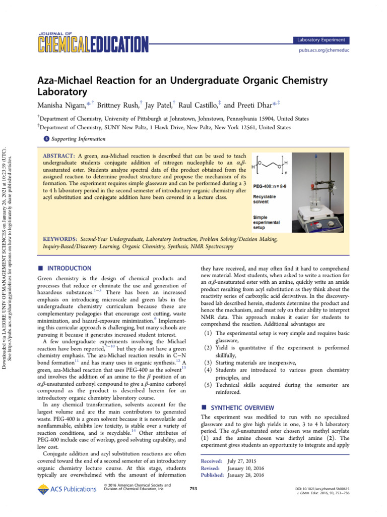 Aza-Michael Reaction in Green Chemistry Lab | PDF | Chemical Reactions ...
