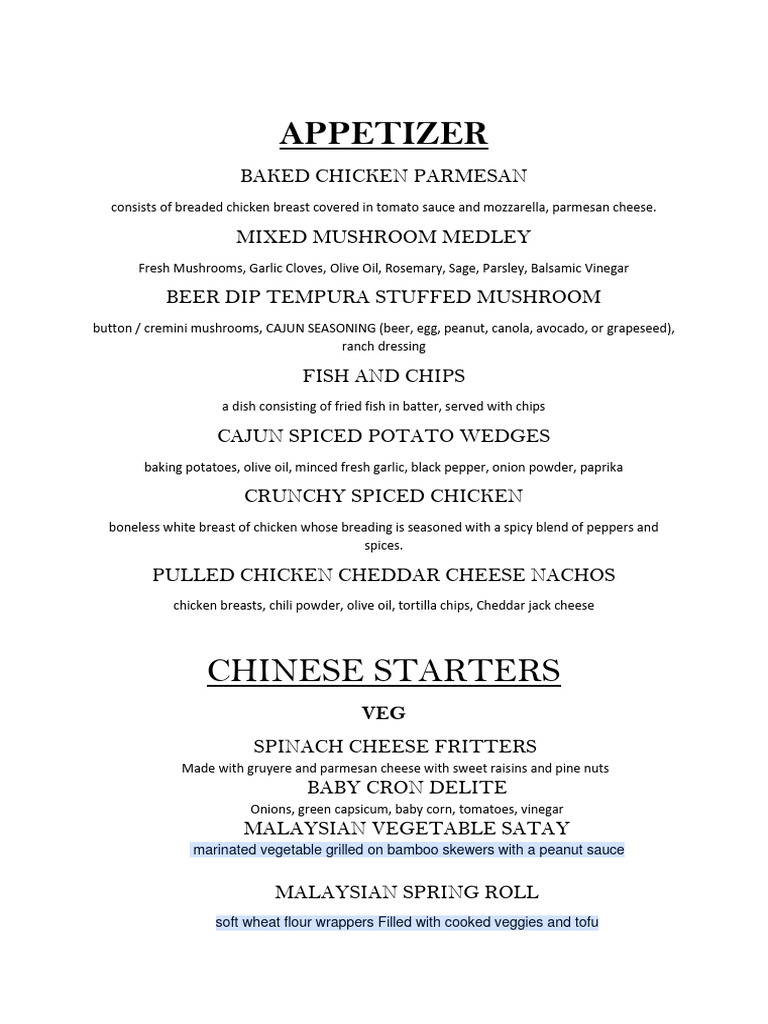 Diverse Appetizer and Main Course Menu | PDF | Hamburgers | Salad