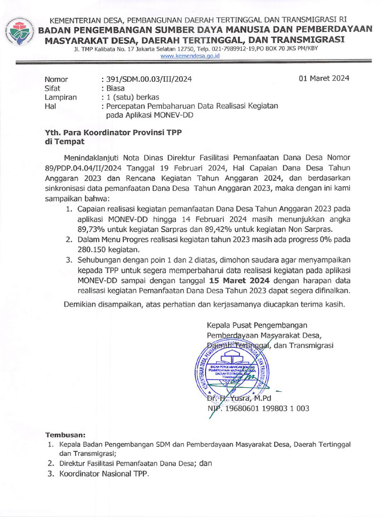Percepatan pembaharuan data realisasi kegiatan pada aplikasi monev dd pdf
