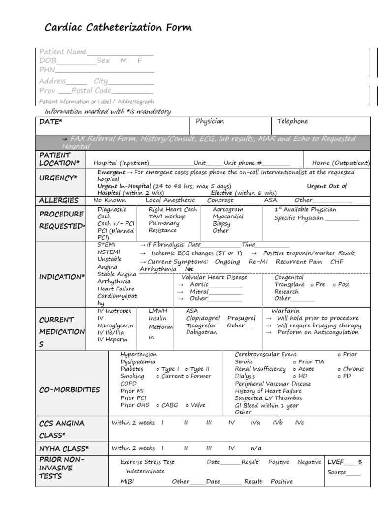 Cardiac-Catheterization Form | PDF | Myocardial Infarction | Heart