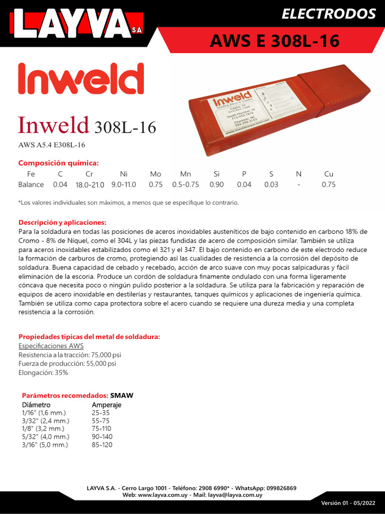 Ficha técnica de Electrodo AWS E 308L-16 INWELD | PDF