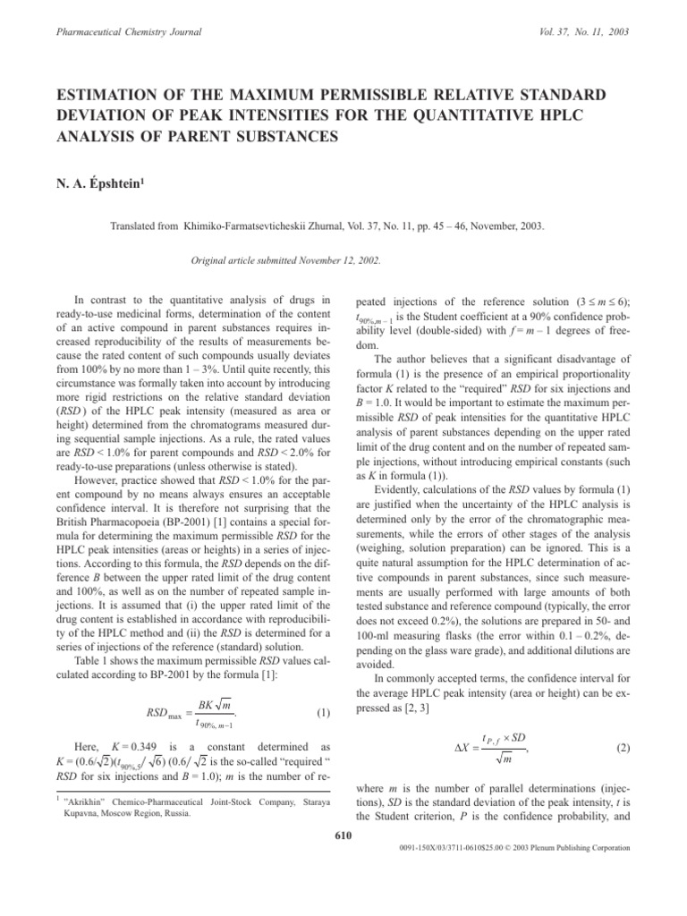 Maximum Permissible RSD in HPLC Analysis | PDF