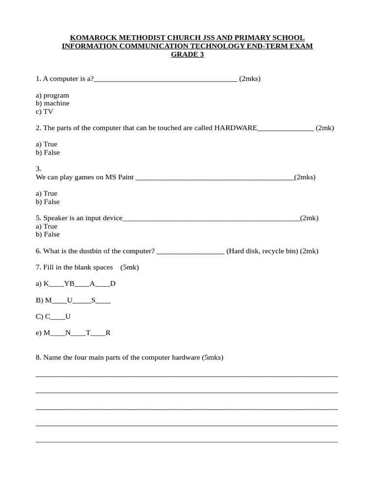 Computer Exam For Grade 3 MCK | PDF