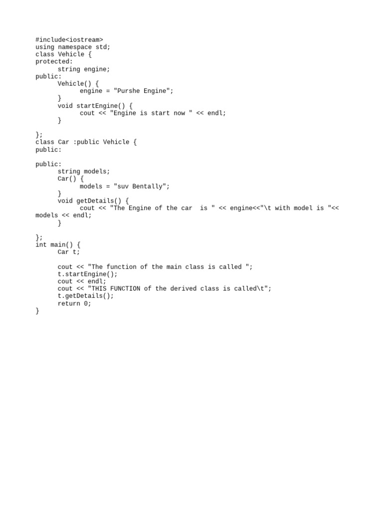 C++ Inheritance: Vehicle and Car Classes | PDF | Computers