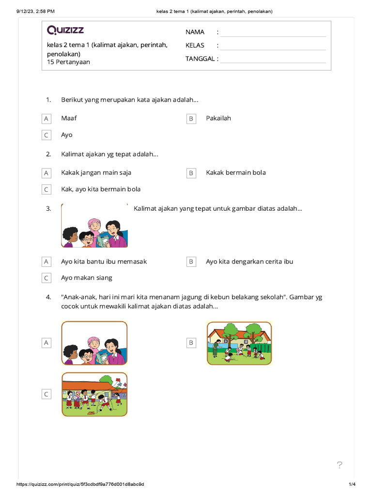 Kelas 2 Tema 1 (Kalimat Ajakan, Perintah, Penolakan) | PDF