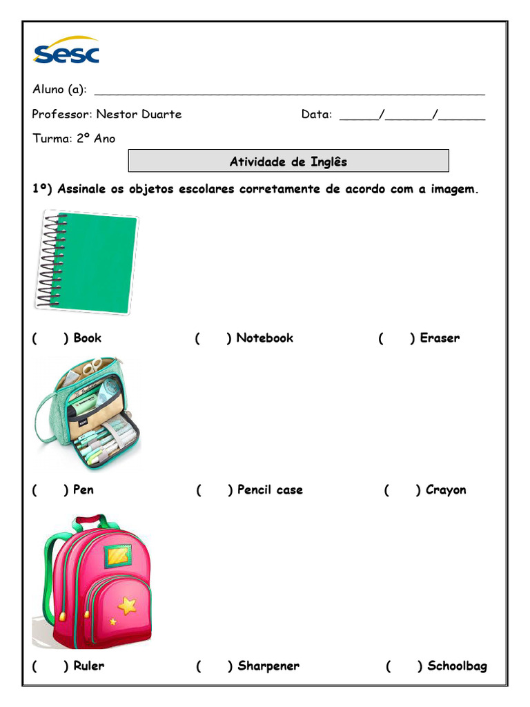 Atividade de Inglês: Objetos Escolares 2º Ano | PDF | Casa e Jardim