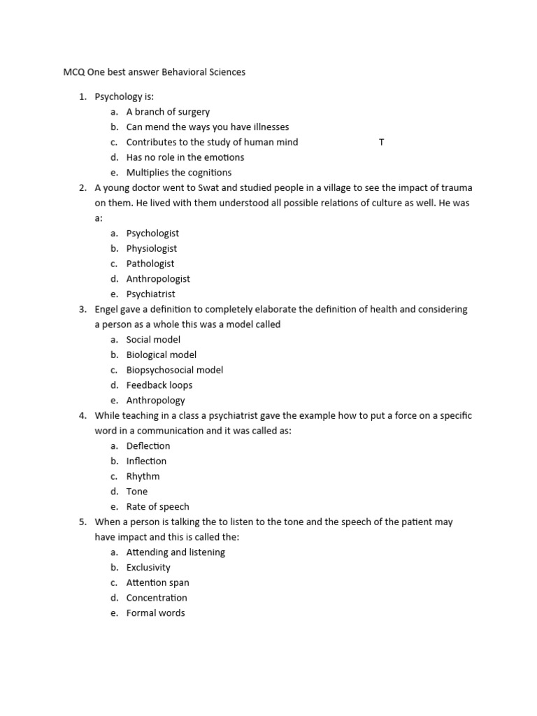 MCQ One Best Answer Behavioral Sciences | PDF | Business