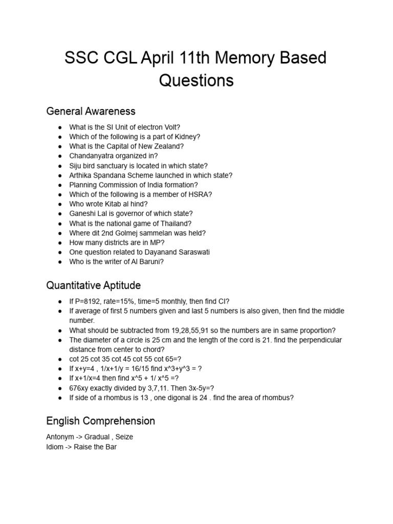 SSC CGL April 11 Memory-Based Q&A | PDF