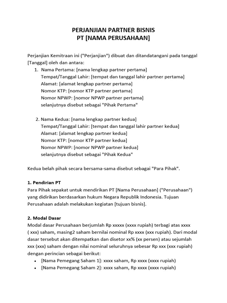 Perjanjian Kemitraan Bisnis PT | PDF