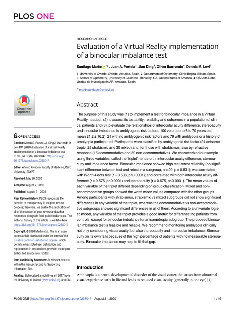 Evaluation of A Virtual Reality Implementation of A Binocular Imbalance ...