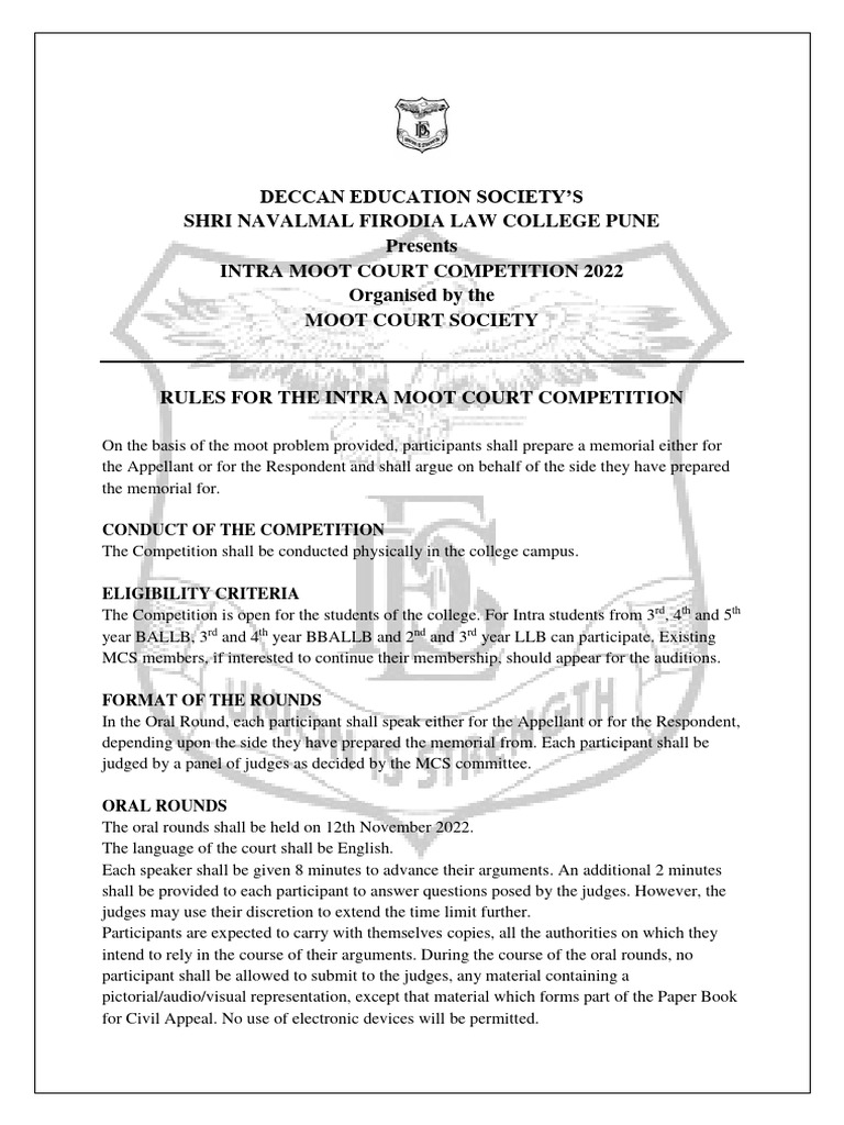 Intra rules and moot proposition 2022 pdf argument appeal