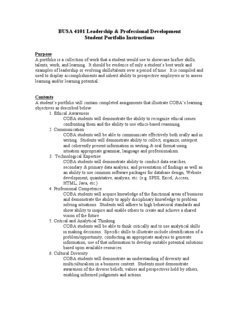 Student Portfolio Instructions Pdf Leadership Learning