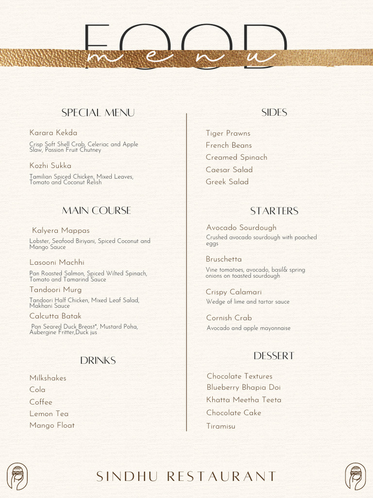Sindhu Restaurant Menu Highlights | PDF