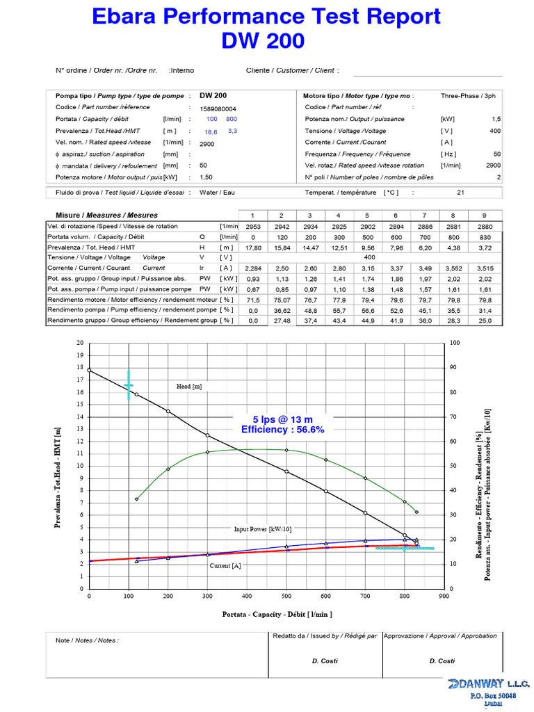 Ebara DW200 Pump Performance Report | PDF | Quantity | Manufactured Goods