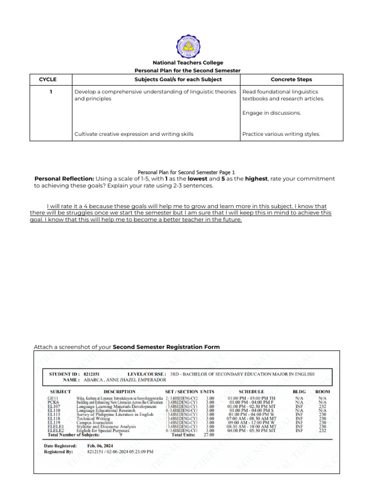 Second Semester Personal Plan for Teachers | PDF | Career & Growth ...