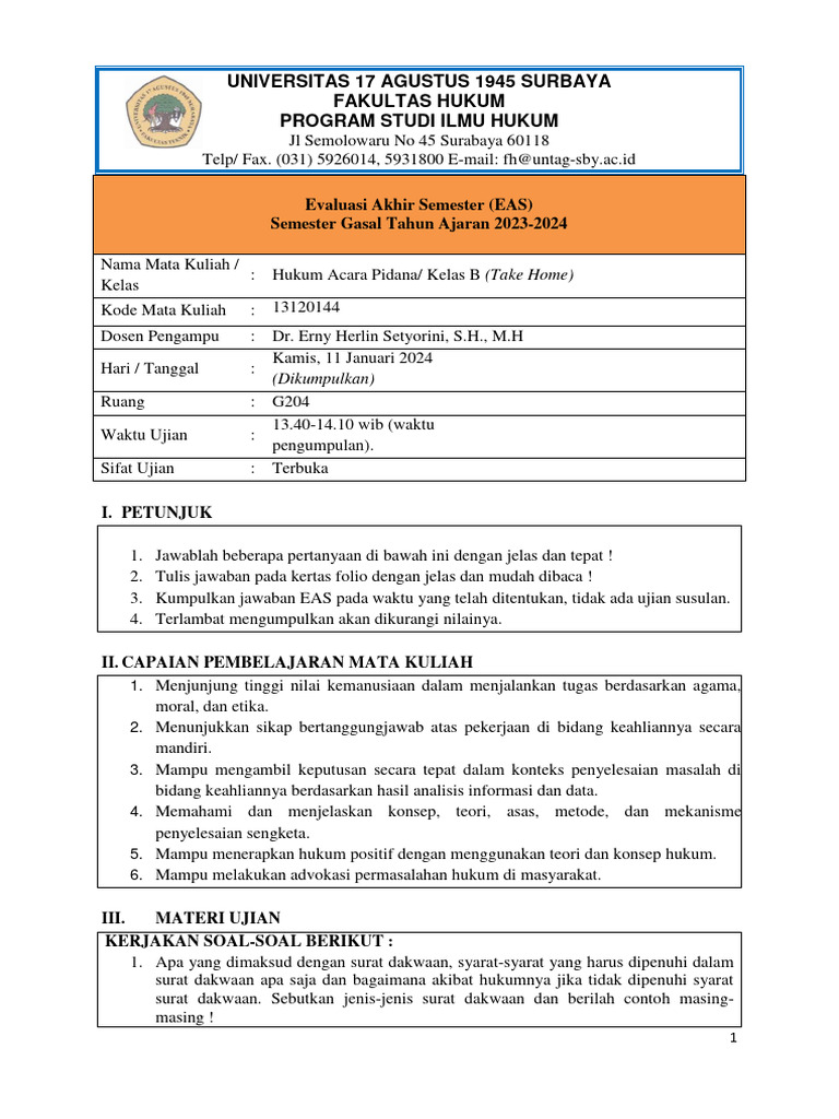 EAS - Hukum Acara Pidana Kelas B - Gasal 2023 | PDF | Sains & Matematika