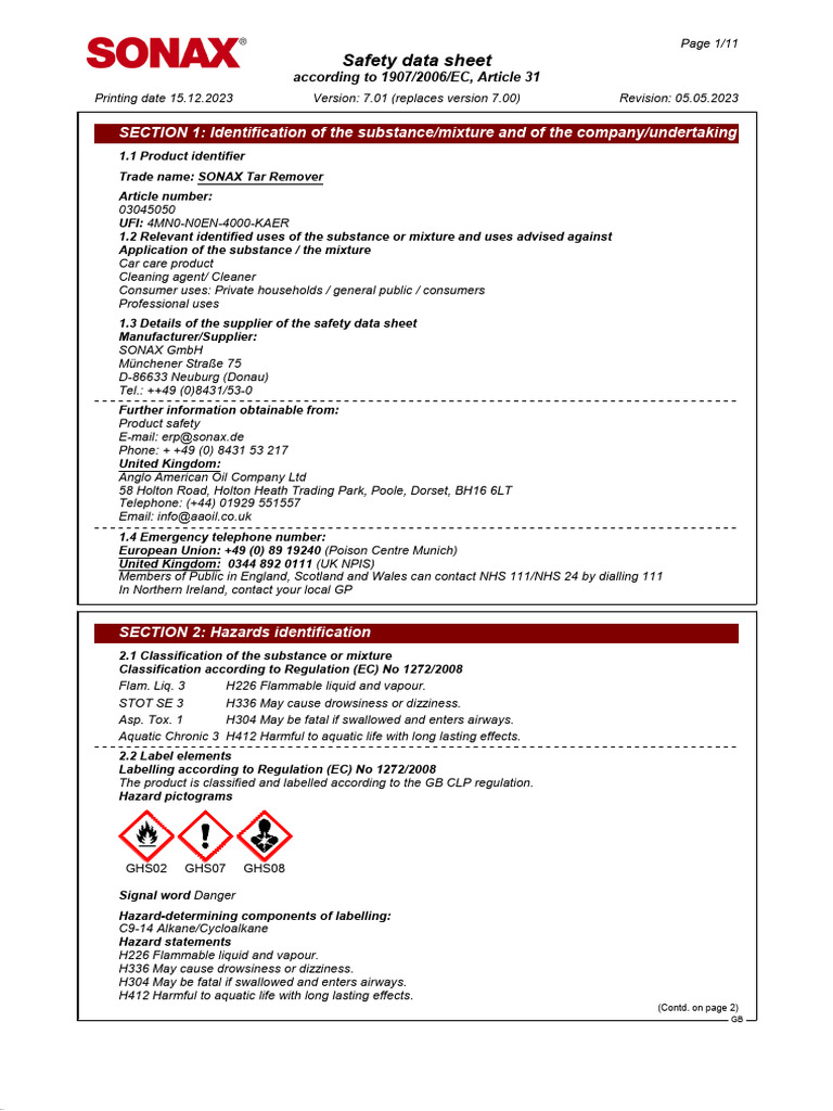 FDS Tar Remover GB SONAX | PDF | Occupational Safety And Health