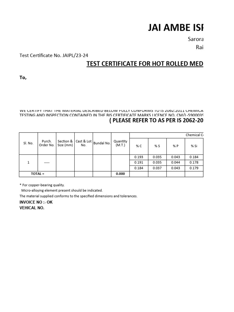 Jai ambe ispat private limited test certificate for hot rolled medium