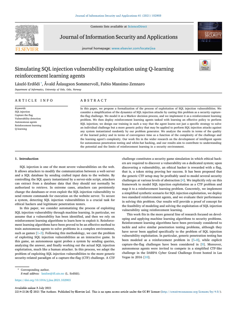 SQL Injection Exploitation via RL Agents | PDF | Machine Learning ...