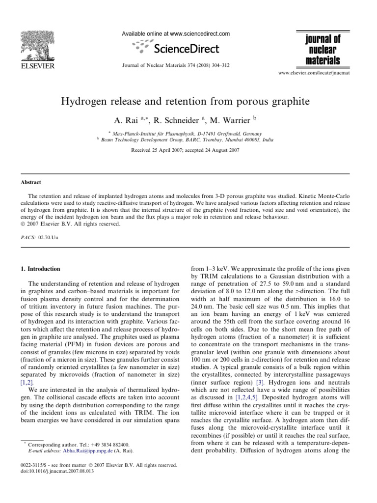 Hydrogen Dynamics in Porous Graphite | PDF | Graphene | Diffusion