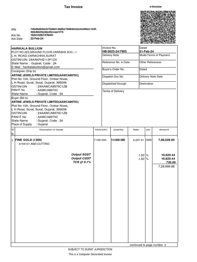 Tax Invoice - HB-2023-24-7905 - 21-Feb-24 | PDF | Signature | Taxation