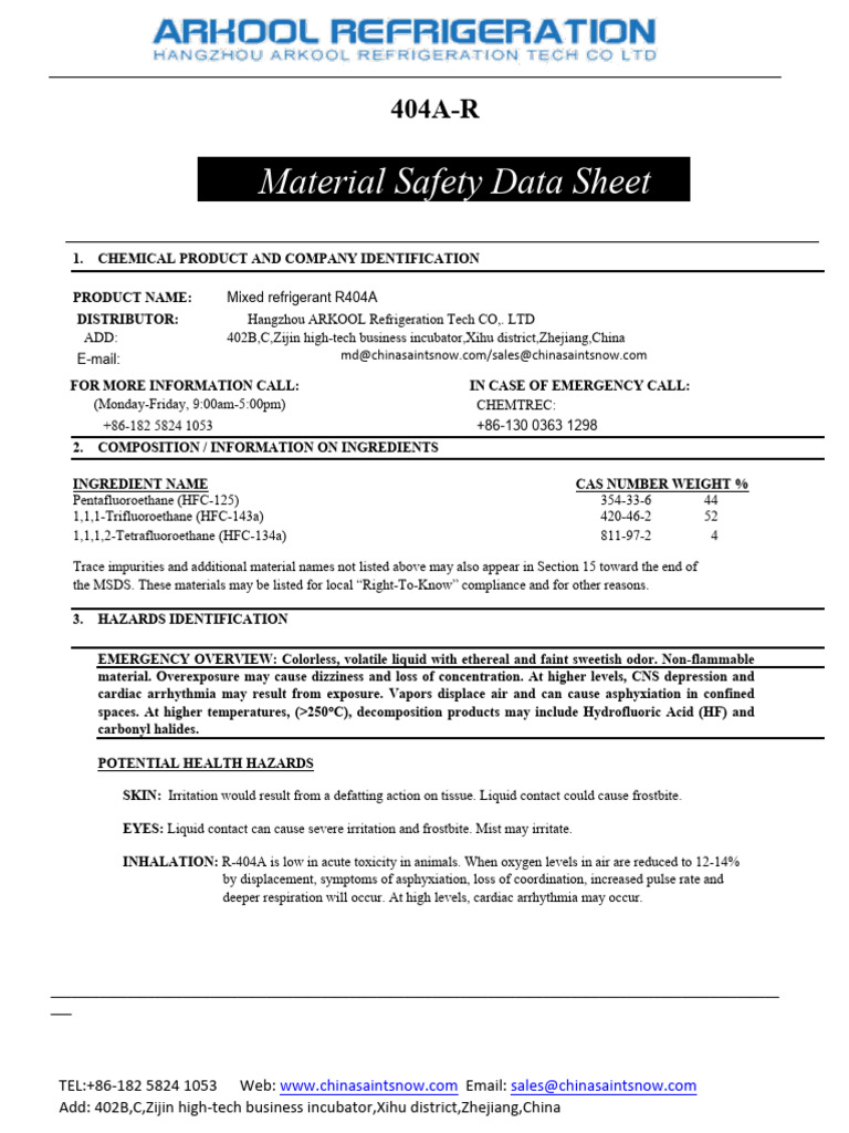 R404A Refrigerant Safety Data Sheet | PDF