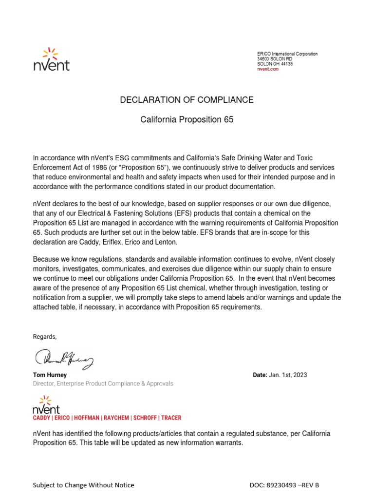 Nvent Prop 65 Declaration EFS 89230493 PDF Electrical Connector