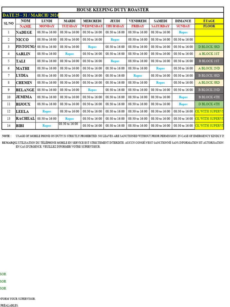 Housekeeping Duty Roster: March-April 2024 | PDF