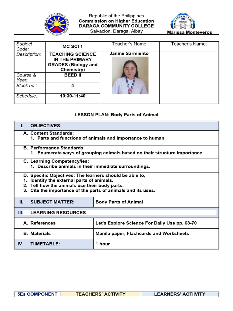 Animal Body Parts and Functions Lesson | PDF